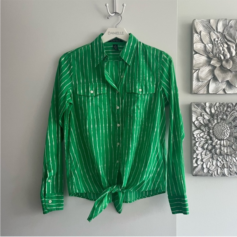 LAUREN RALPH LAUREN Green Striped Tie-Front Button Down Shirt